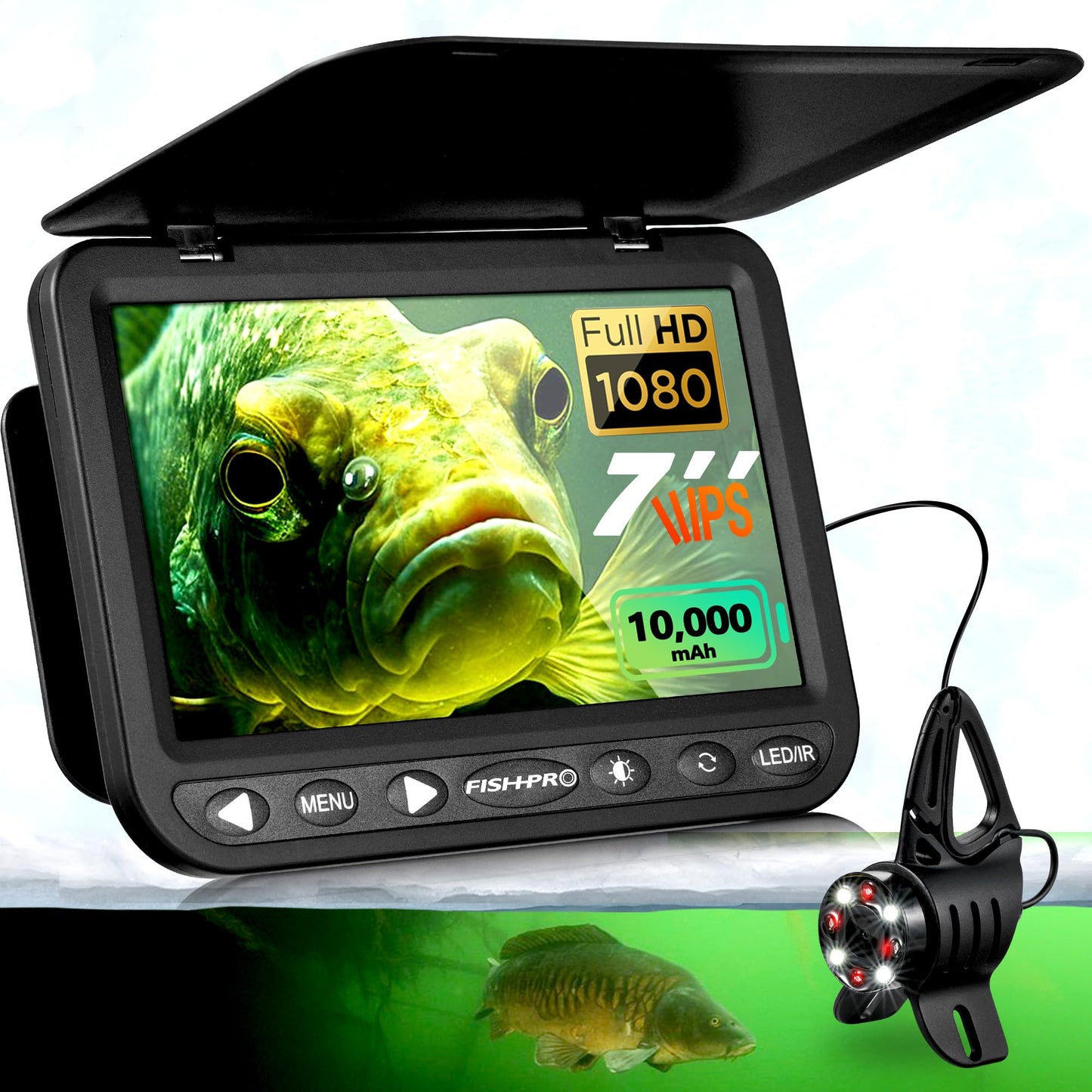 FishPRO 2026 1080P camera, 7” IPS, 10,000mAh battery, USB-C, LED+IR lights, 82ft cable, no DVR.