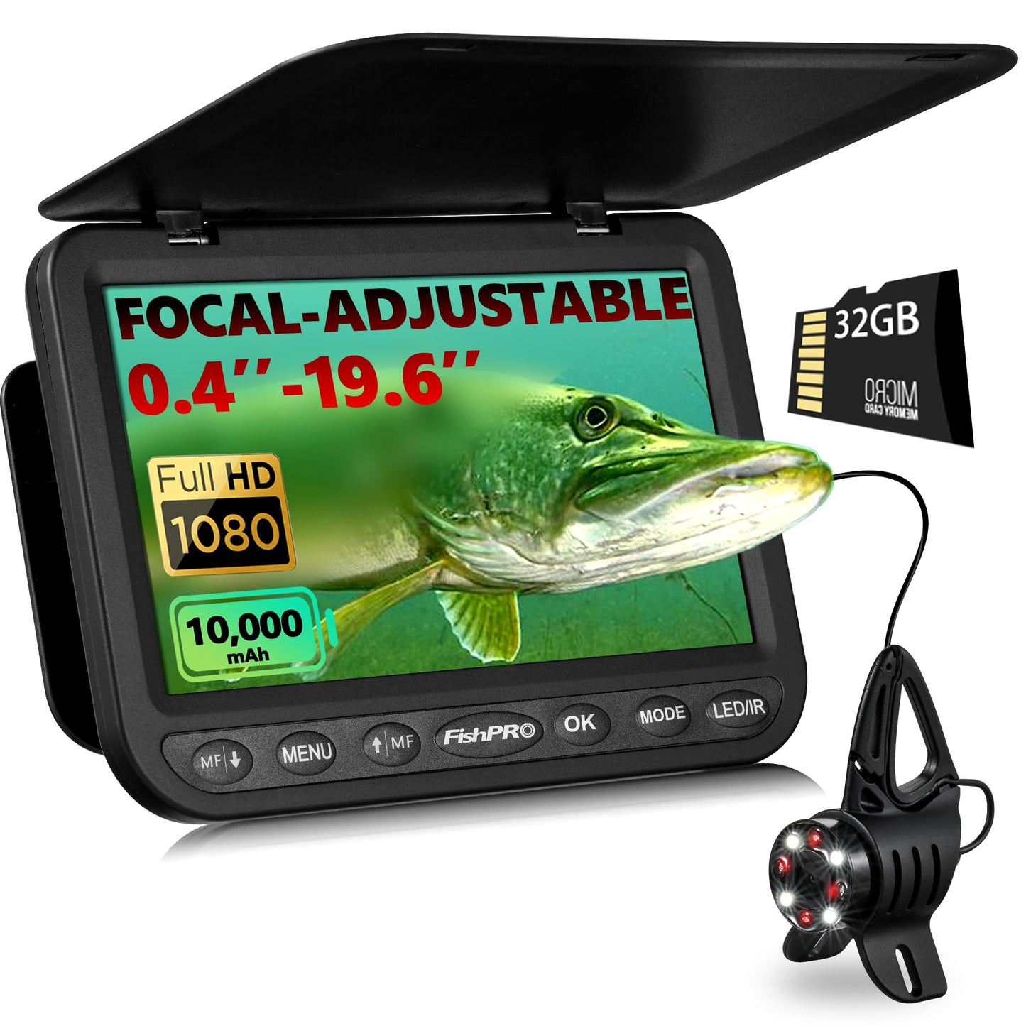 FishPRO 2026 1080P camera, 7” IPS, 10,000mAh battery, USB-C, LED+IR lights, 83ft cable, easy to use.