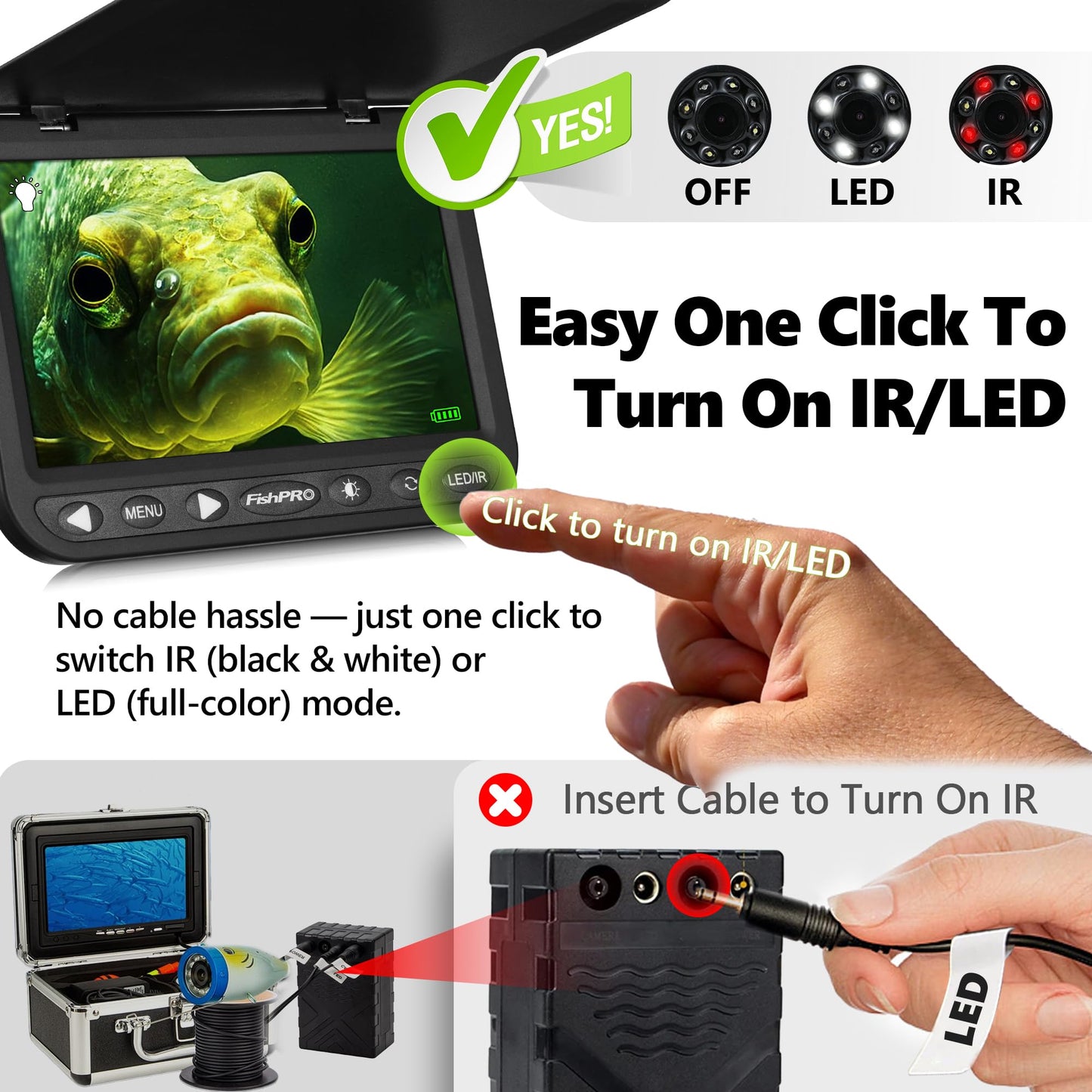 FishPRO 2026 1080P camera, 7” IPS, 10,000mAh battery, USB-C, LED+IR lights, 82ft cable, no DVR.