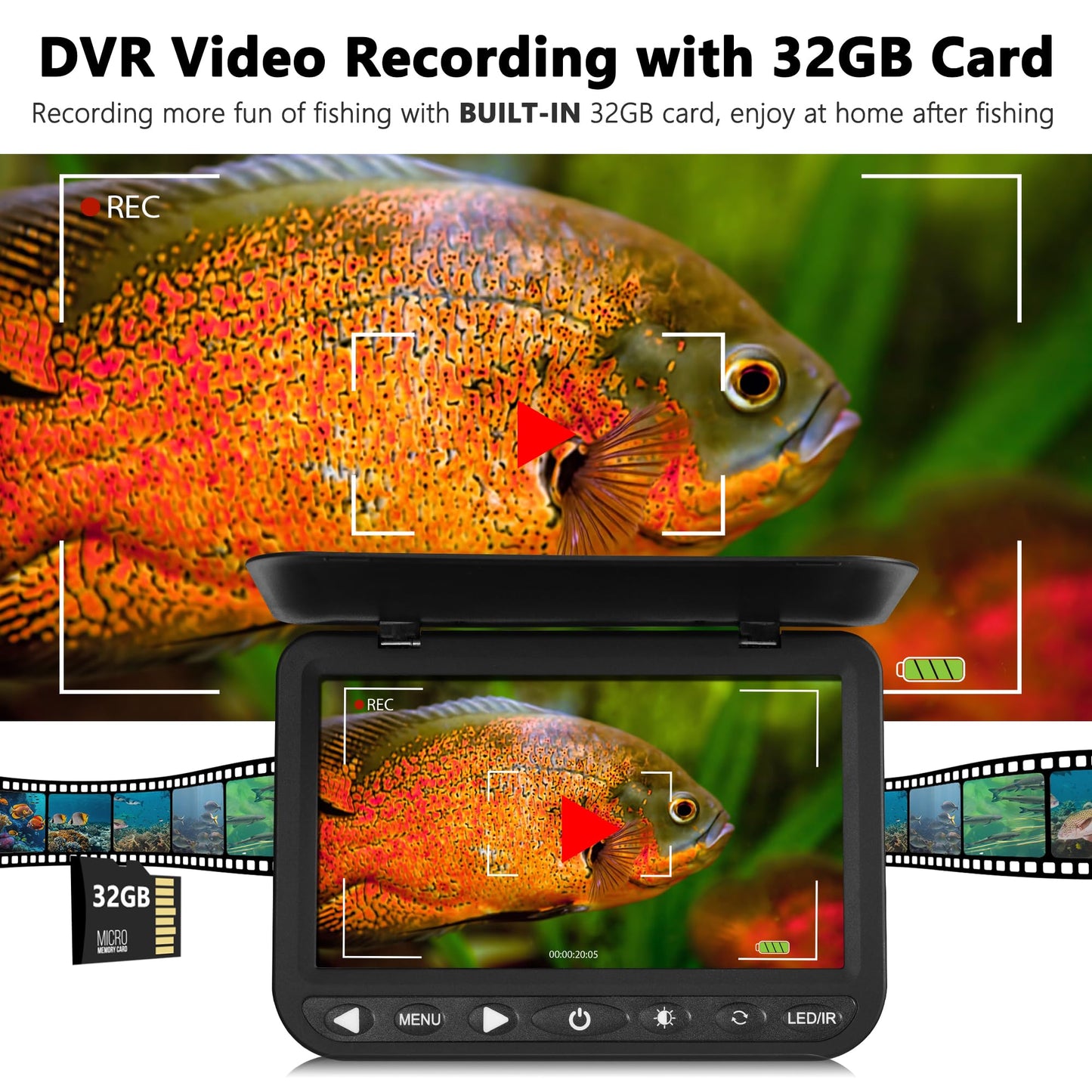FishPRO 1080P camera, 7” IPS, DVR 32GB, 10,000mAh battery, IR+LED lights, 82ft cable, easy operation.